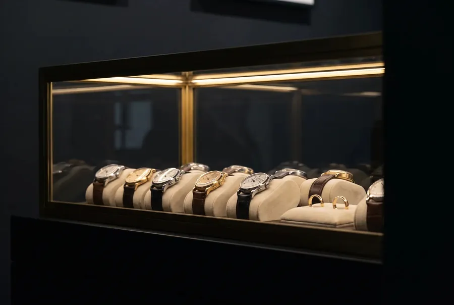 Beleuchtete Vitrine mit Messingrahmen, darin mechanische Armbanduhren an Leder- und Krokobändern auf hellen Kissen, dazu zwei Goldringe