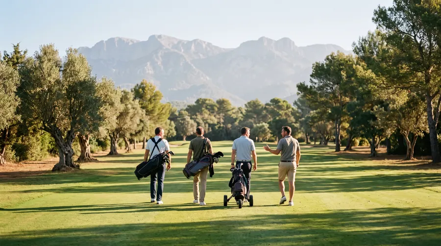 Vier Golfer gehen im Morgenlicht nebeneinander über ein Fairway zwischen Olivenbäumen und Pinien, dahinter die Berge der Tramuntana